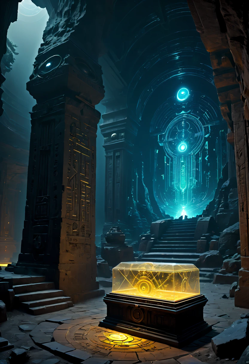 Fantasy underground cave,Alien civilization ruins,mysterious tomb,Metal coffin,treasures,Glowing gold coins,terracotta warriors,cultural relic,curio,alien text totem,Ultra-future technology,诡异的magia力量,unknown cosmic energy,Cybernetic eyes, Scan grid, epic, grand, Octagonal rendering, enhancer, iintricate, ((Dark)),epic,8K,Fantastical,ultra - detailed,magia, Cast spells,black hole,threatening,Ridiculous resources,Abyssal,magia Circle,Excess energy,sci-fy,Abyssaltech,dark energy,Ethereal,solution,ssee-through,Abyss,Anti-tech,sci-fy,Pure energy,(tmasterpiece, Representative Works, offcial art, professional, Unity8k wallpaper:1.3)
