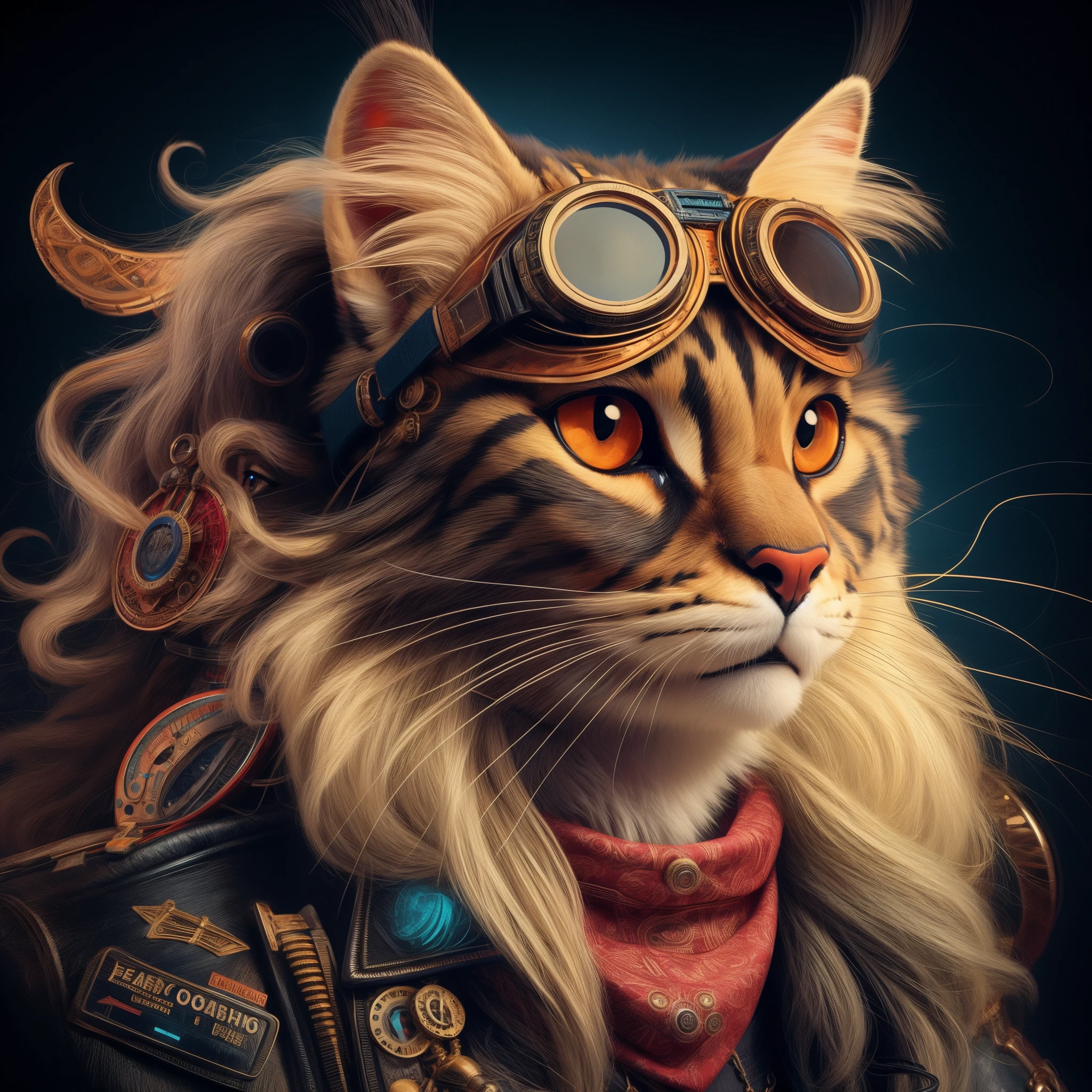 Arafeh with long hair and glasses on his head, steampunk cat, portrait of a steampunk catgirl, anthropomorphic cat, awesome cat, anthropomorphic female cat, by andrey ryabovichev, Amazing digital art, cat. Digital Painting, a cute steampunk calico cat, cyberpunk cat, by Alexander Kucharsky, high detailed digital art