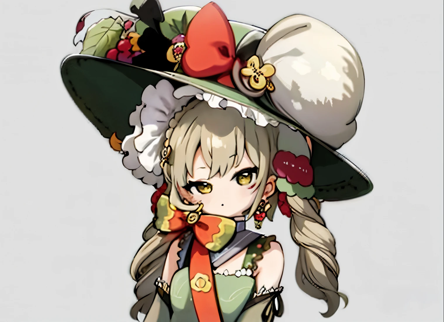 1girl, upper body, hat, spiral curls,  long jewelry EARRINGS, big bowknot, chibi, cute, kawaii, sticker art