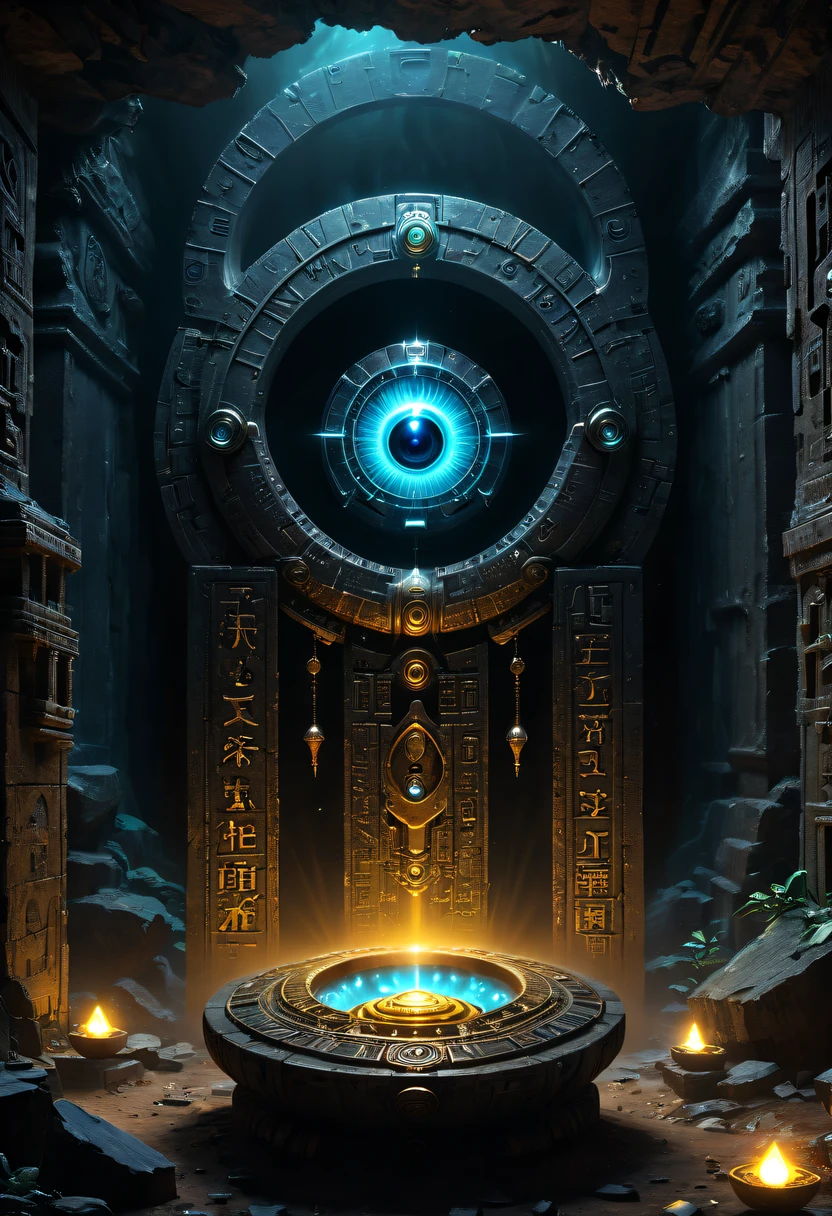 Fantasy underground cave,Alien civilization ruins,mysterious tomb,Metal coffin,treasures,Glowing gold coins,terracotta warriors,cultural relic,curio,alien text totem,Ultra-future technology,诡异的magia力量,unknown cosmic energy,Cybernetic eyes, Scan grid, epic, grand, Octagonal rendering, enhancer, iintricate, ((Dark)),epic,8K,Fantastical,ultra - detailed,magia, Cast spells,black hole,threatening,Ridiculous resources,Abyssal,magia Circle,Excess energy,sci-fy,Abyssaltech,dark energy,Ethereal,solution,ssee-through,Abyss,Anti-tech,sci-fy,Pure energy,(tmasterpiece, Representative Works, offcial art, professional, Unity8k wallpaper:1.3)