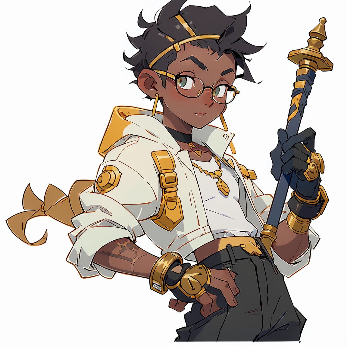 1 boy
nose and mouth of a black person,
small golden piercings in the ears, with side-shaved hair,
half Brazilian and half black, 18 years old, looking younger,
dark hair, wears a necklace with golden teeth, no shirt, wearing a jacket with gold details, holds an African sword in his left hand, holds a short African spear in his right hand, no shirt under his jacket,
(white skin), characteristics of a black person,(ose of a black person, lips of a black person,
wears round glasses,curly hair, green eyes, glove made of white bands, with an Egyptian eye drawn on the glove, with golden rings on the glove, boy with white skin,
white skin, curly hair with side shave