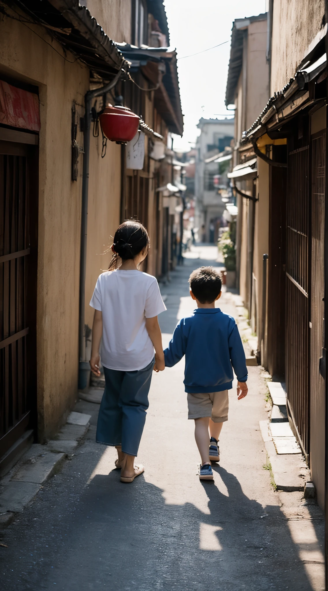 Return to Shaduogao&#39;Sister holds the hand of her 4--old ther，walk along the alley，and the sun was shining brightly