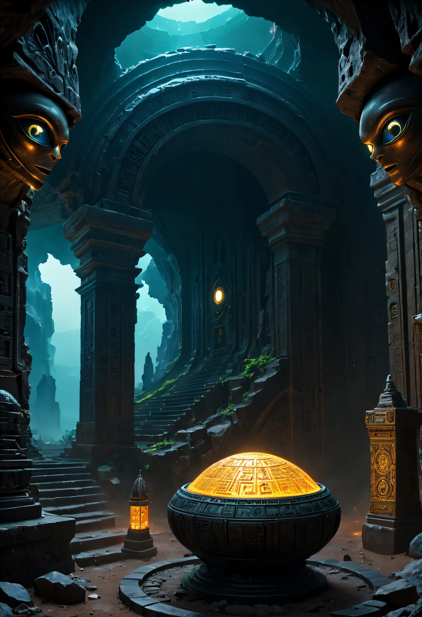 Fantasy underground cave,Alien civilization ruins,mysterious tomb,Metal coffin,treasures,Glowing gold coins,terracotta warriors,cultural relic,curio,alien text totem,Ultra-future technology,诡异的magia力量,unknown cosmic energy,Cybernetic eyes, Scan grid, epic, grand, Octagonal rendering, enhancer, iintricate, ((Dark)),epic,8K,Fantastical,ultra - detailed,magia, Cast spells,black hole,threatening,Ridiculous resources,Abyssal,magia Circle,Excess energy,sci-fy,Abyssaltech,dark energy,Ethereal,solution,ssee-through,Abyss,Anti-tech,sci-fy,Pure energy,(tmasterpiece, Representative Works, offcial art, professional, Unity8k wallpaper:1.3)