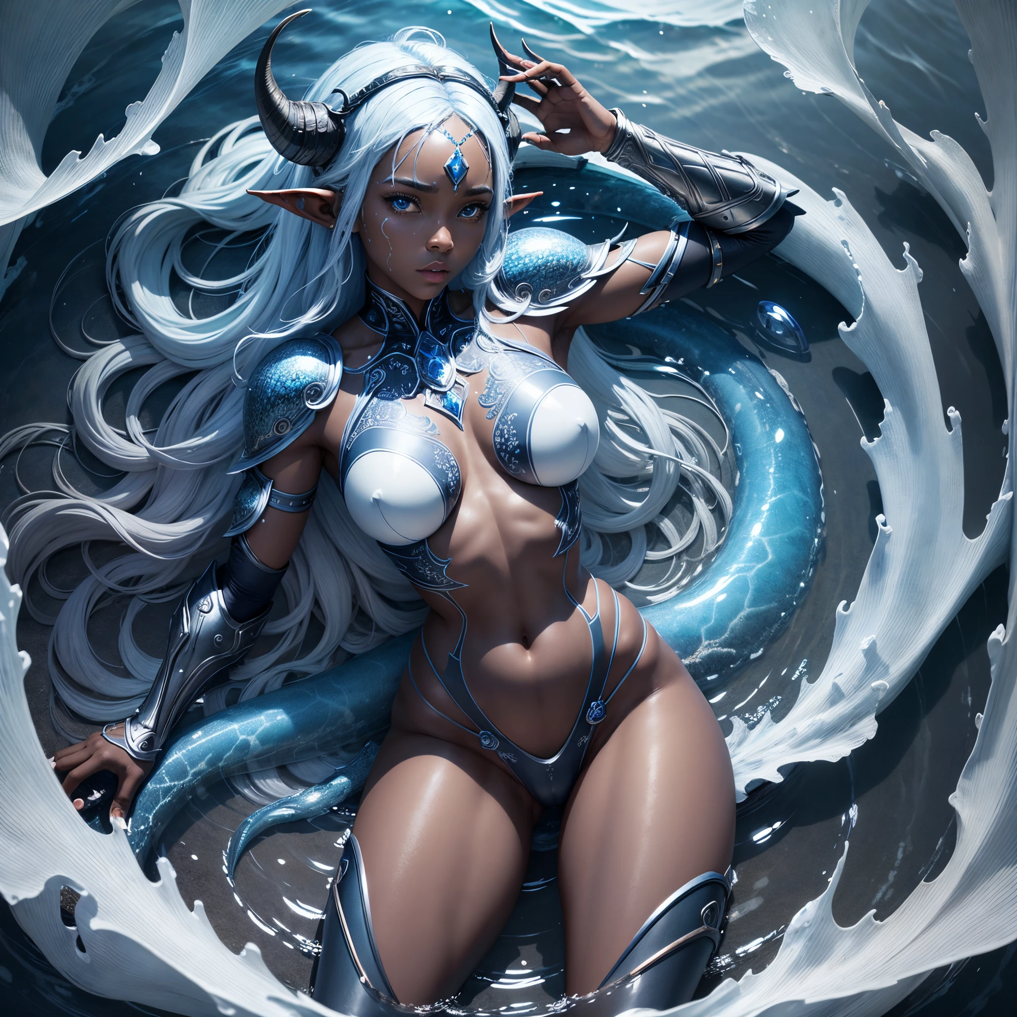 8k, masterpiece, ultra high quality, ultra detailed (real image, intricate detail, depth of field), mysterious atmosphere, African Water Goddess, ebony skin, blue hair, braided hair, horns, elf ears, gills, blue crystal clear eyes, detailed eyes, Armour, Celestial atmosphere, moonlight,(superb),(wet skin), fishscales, silver armour, manipulating waves of water, blue scaly skin, thick body, white tattoo, wide hips, ultra detailed armour, translucent, mesmerizing look, celestial aura, In in the middle of the sea, ,cinematic waves of water, Night sky