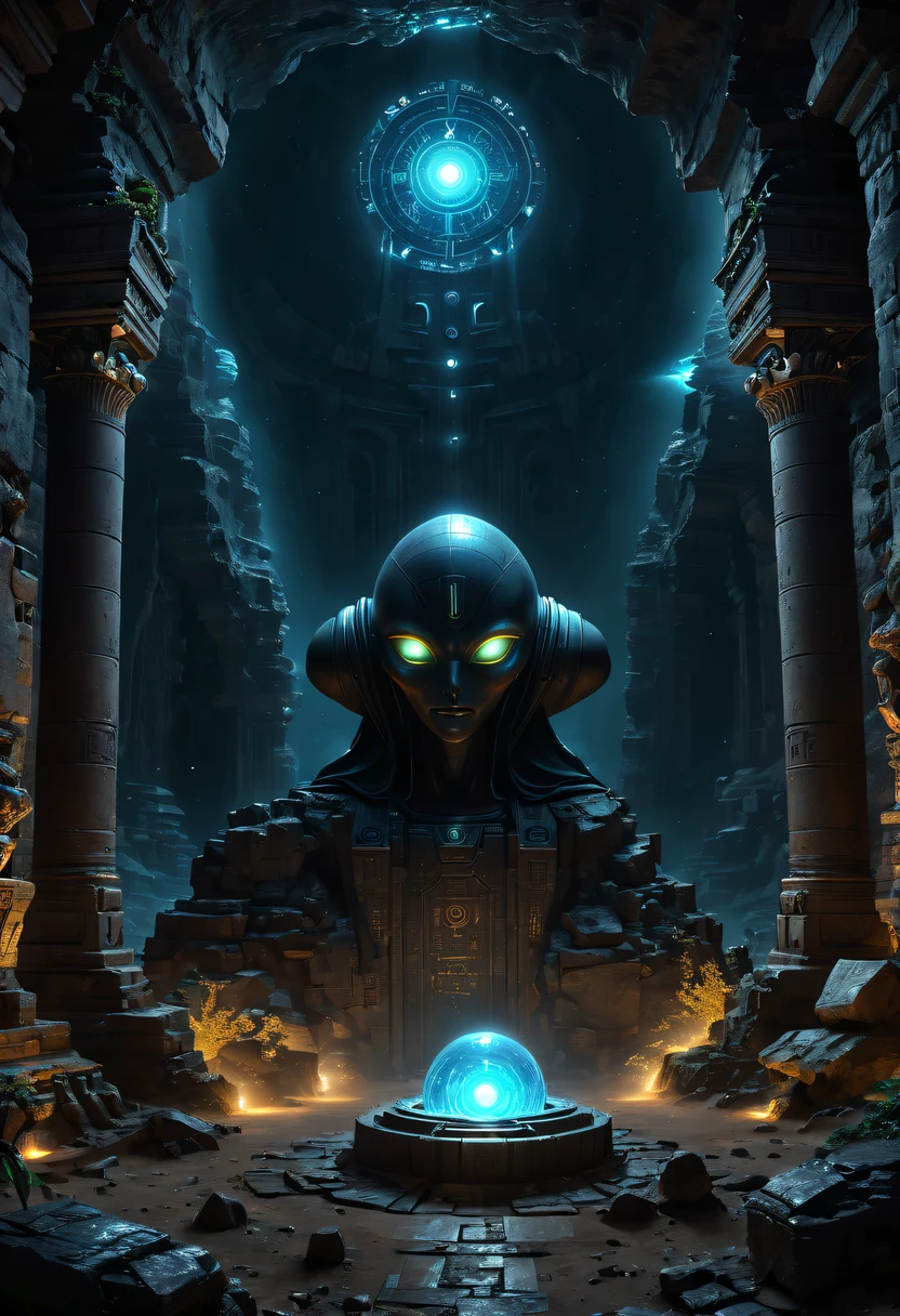 Fantasy underground cave,Alien civilization ruins,mysterious tomb,Metal coffin,treasures,Glowing gold coins,terracotta warriors,cultural relic,curio,alien text totem,Ultra-future technology,诡异的magia力量,unknown cosmic energy,Cybernetic eyes, Scan grid, epic, grand, Octagonal rendering, enhancer, iintricate, ((Dark)),epic,8K,Fantastical,ultra - detailed,magia, Cast spells,black hole,threatening,Ridiculous resources,Abyssal,magia Circle,Excess energy,sci-fy,Abyssaltech,dark energy,Ethereal,solution,ssee-through,Abyss,Anti-tech,sci-fy,Pure energy,(tmasterpiece, Representative Works, offcial art, professional, Unity8k wallpaper:1.3)