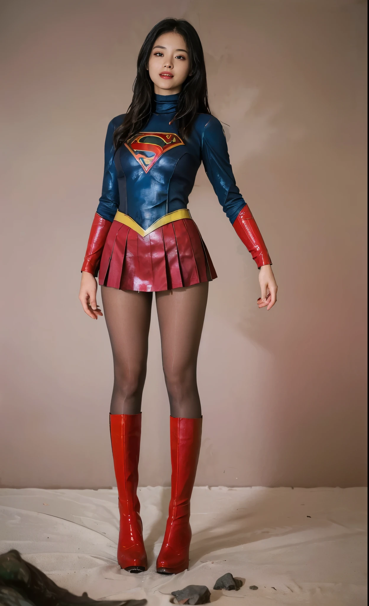 No background、Suffering、Hung、Are sleeping、lying back on、(((Wear black tights on your beautiful legs.)))、(((Grow legs、tall、Legally express the beauty of your smile)))、((((Make the most of the original image)))、(((Supergirl Costume)))、(((beautiful hairl)))、(((Suffering)))、(((Feet must necessarily be worn with black tights)))、(((You need to wear red boots)))、((Top image quality、8K))、((top-quality、8K、​masterpiece:1.3))、(((Keep Background )))、Crisp focus:1.2、Beautiful woman with perfect body shape:1.4、Slender Abs:1.2、a wet body:1.5、Highly detailed facial and skin texture、8K