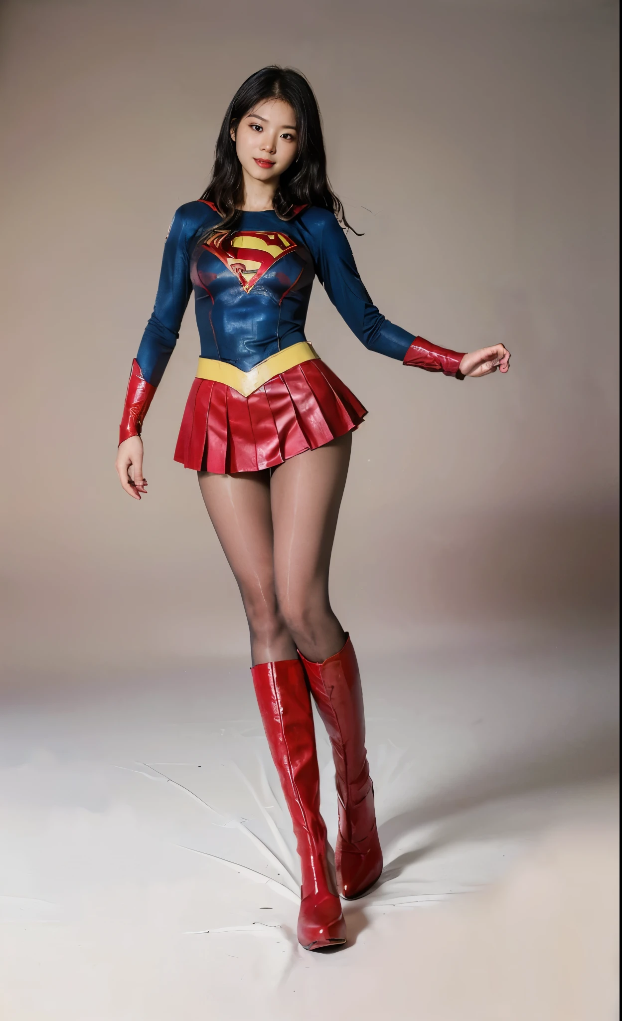 No background、Suffering、Hung、Are sleeping、lying back on、(((Wear black tights on your beautiful legs.)))、(((Grow legs、tall、Legally express the beauty of your smile)))、((((Make the most of the original image)))、(((Supergirl Costume)))、(((beautiful hairl)))、(((Suffering)))、(((Feet must necessarily be worn with black tights)))、(((You need to wear red boots)))、((Top image quality、8K))、((top-quality、8K、​masterpiece:1.3))、(((Keep Background )))、Crisp focus:1.2、Beautiful woman with perfect body shape:1.4、Slender Abs:1.2、a wet body:1.5、Highly detailed facial and skin texture、8K