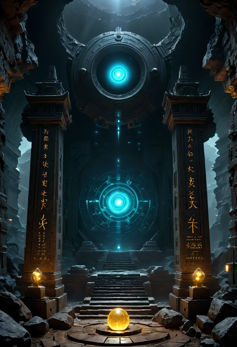 Fantasy underground cave,Alien civilization ruins,mysterious tomb,Metal coffin,treasures,Glowing gold coins,terracotta warriors,cultural relic,curio,alien text totem,Ultra-future technology,诡异的magia力量,unknown cosmic energy,Cybernetic eyes, Scan grid, epic, grand, Octagonal rendering, enhancer, iintricate, ((Dark)),epic,8K,Fantastical,ultra - detailed,magia, Cast spells,black hole,threatening,Ridiculous resources,Abyssal,magia Circle,Excess energy,sci-fy,Abyssaltech,dark energy,Ethereal,solution,ssee-through,Abyss,Anti-tech,sci-fy,Pure energy,(tmasterpiece, Representative Works, offcial art, professional, Unity8k wallpaper:1.3)