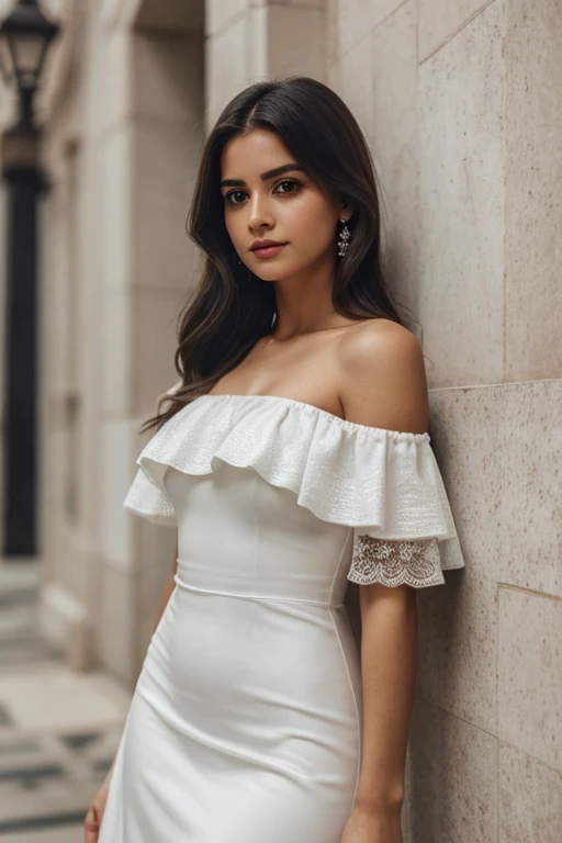melhor qualidade, master part, ultra high-resolution, (Realismo: 1.4), foto original, 1girl, Rosa Off-the-Shoulder, Cinematic lighting, Influenciadora branca realista do Instagram, melhor qualidade, louro, 1 girl, olhos azuis, em vestido curto branco apertado