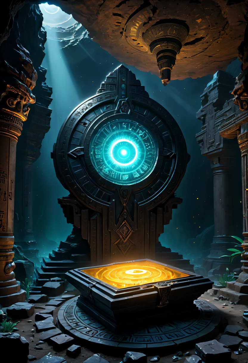 Fantasy underground cave,Alien civilization ruins,mysterious tomb,Metal coffin,treasures,Glowing gold coins,terracotta warriors,cultural relic,curio,alien text totem,Ultra-future technology,诡异的magia力量,unknown cosmic energy,Cybernetic eyes, Scan grid, epic, grand, Octagonal rendering, enhancer, iintricate, ((Dark)),epic,8K,Fantastical,ultra - detailed,magia, Cast spells,black hole,threatening,Ridiculous resources,Abyssal,magia Circle,Excess energy,sci-fy,Abyssaltech,dark energy,Ethereal,solution,ssee-through,Abyss,Anti-tech,sci-fy,Pure energy,(tmasterpiece, Representative Works, offcial art, professional, Unity8k wallpaper:1.3)