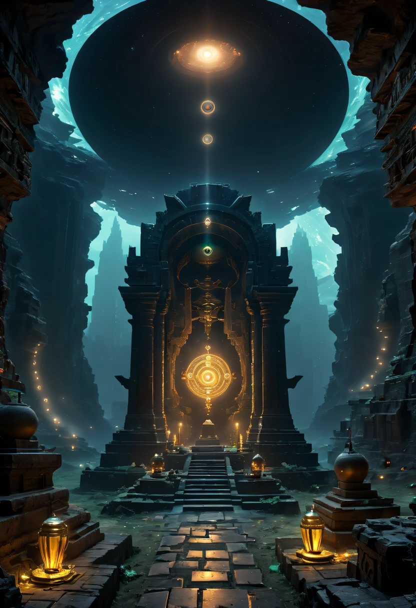 Fantasy underground cave,Alien civilization ruins,mysterious tomb,Metal coffin,treasures,Glowing gold coins,terracotta warriors,cultural relic,curio,alien text totem，Ultra-future technology，诡异的magia力量，unknown cosmic energy，Cybernetic eyes, Scan grid, epic, grand, Octagonal rendering, enhancer, iintricate, ((Dark)),epic,8K,Fantastical,ultra - detailed,magia, Cast spells,black hole,threatening,Ridiculous resources,Abyssal,magia Circle,Excess energy,sci-fy,Abyssaltech,dark energy,Ethereal,solution,ssee-through,Abyss,Anti-tech,sci-fy,Pure energy,(tmasterpiece, Representative Works, offcial art, professional, Unity8k wallpaper:1.3)