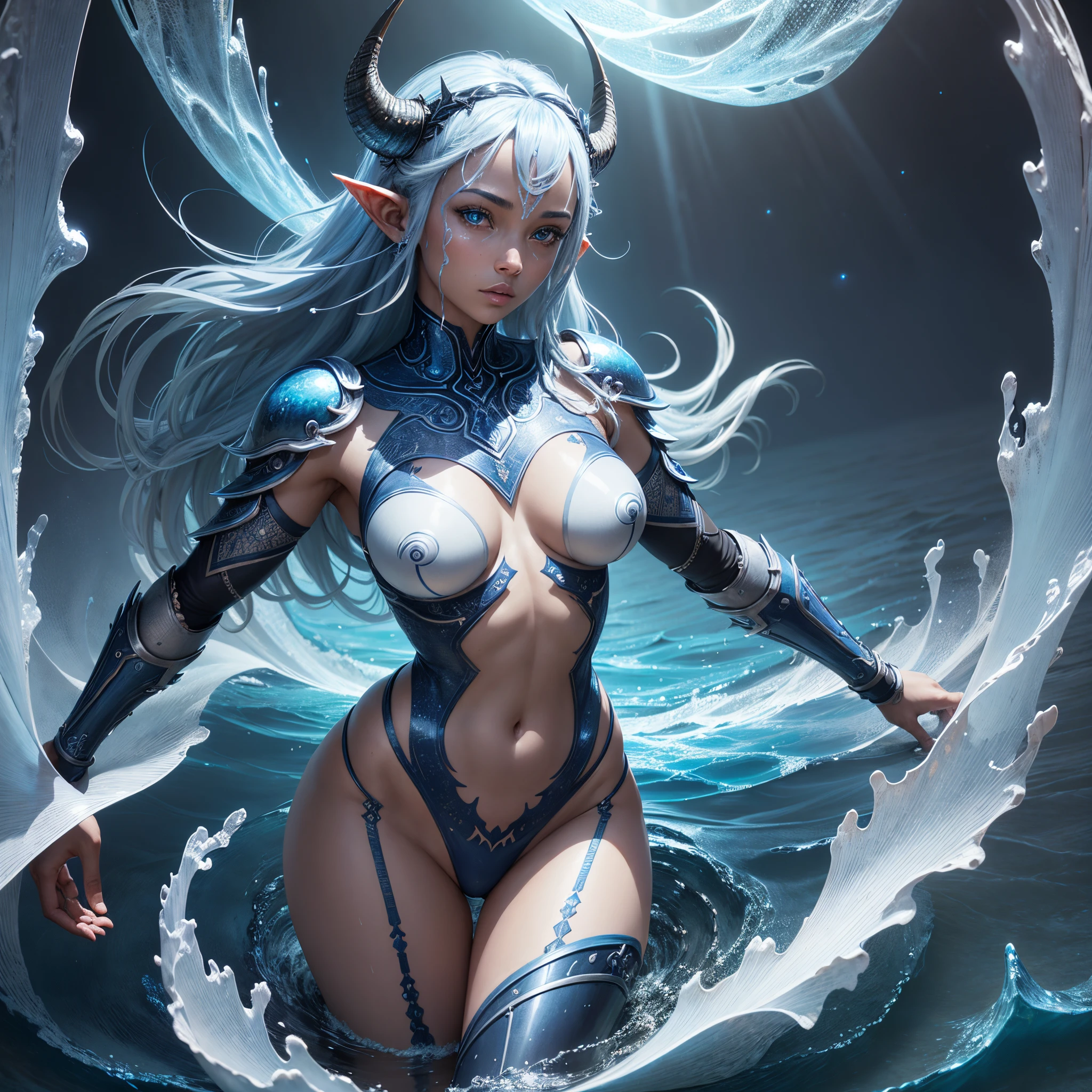 8k, masterpiece, ultra high quality, ultra detailed (real image, intricate detail, depth of field), mysterious atmosphere, African Water Goddess, ebony skin, blue hair, braided hair, horns, elf ears, gills, blue crystal clear eyes, detailed eyes, Armour, Celestial atmosphere, moonlight,(superb),(wet skin), fishscales, silver armour, manipulating waves of water, blue scaly skin, thick body, white tattoo, wide hips, ultra detailed armour, translucent, mesmerizing look, celestial aura, In in the middle of the sea, ,cinematic waves of water, Night sky