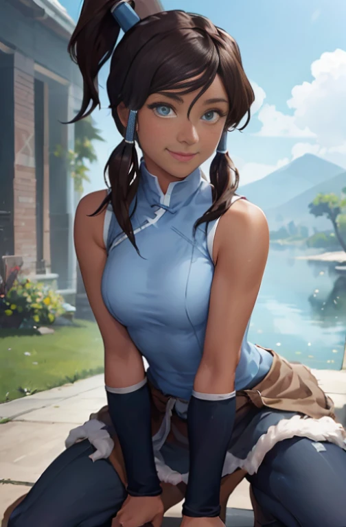 (masterpiece, best quality:1.2), solo, 1girl, korra, dark skin, dark-skinned female, smile, looking at viewer, kneeling, ponytail, hair tubes, sleeveless, bare shoulders
