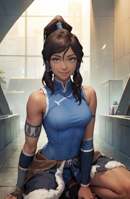 High-resolution portrait photograph of a young woman with chestnut brown, medium-length hair styled in a casual manner. Her complexion is fair with a subtle warm undertone, flawless and exhibiting a natural glow. She has a serene and composed expression with a slight, confident smile. Her eyes are a blue, the legend of korra, masterpiece, best quality, cowboy shot, solo, 1girl, korra, female, smile, looking at viewer, ponytail, hair tubes, sleeveless, bare shoulders framed by long, curled lashes coated with black mascara, and her eyebrows are neatly groomed and naturally arched. The woman's nose is elegantly slender, complementing her full lips. She dons a minimalist, solid-colored top, which suggests a relaxed yet stylish appearance. The background is a soft, uniform light beige, providing a neutral backdrop that accentuates her features. The lighting is soft and diffused, mimicking the gentle illumination of the golden hour, which enhances the contours of her face and adds depth to the photograph.