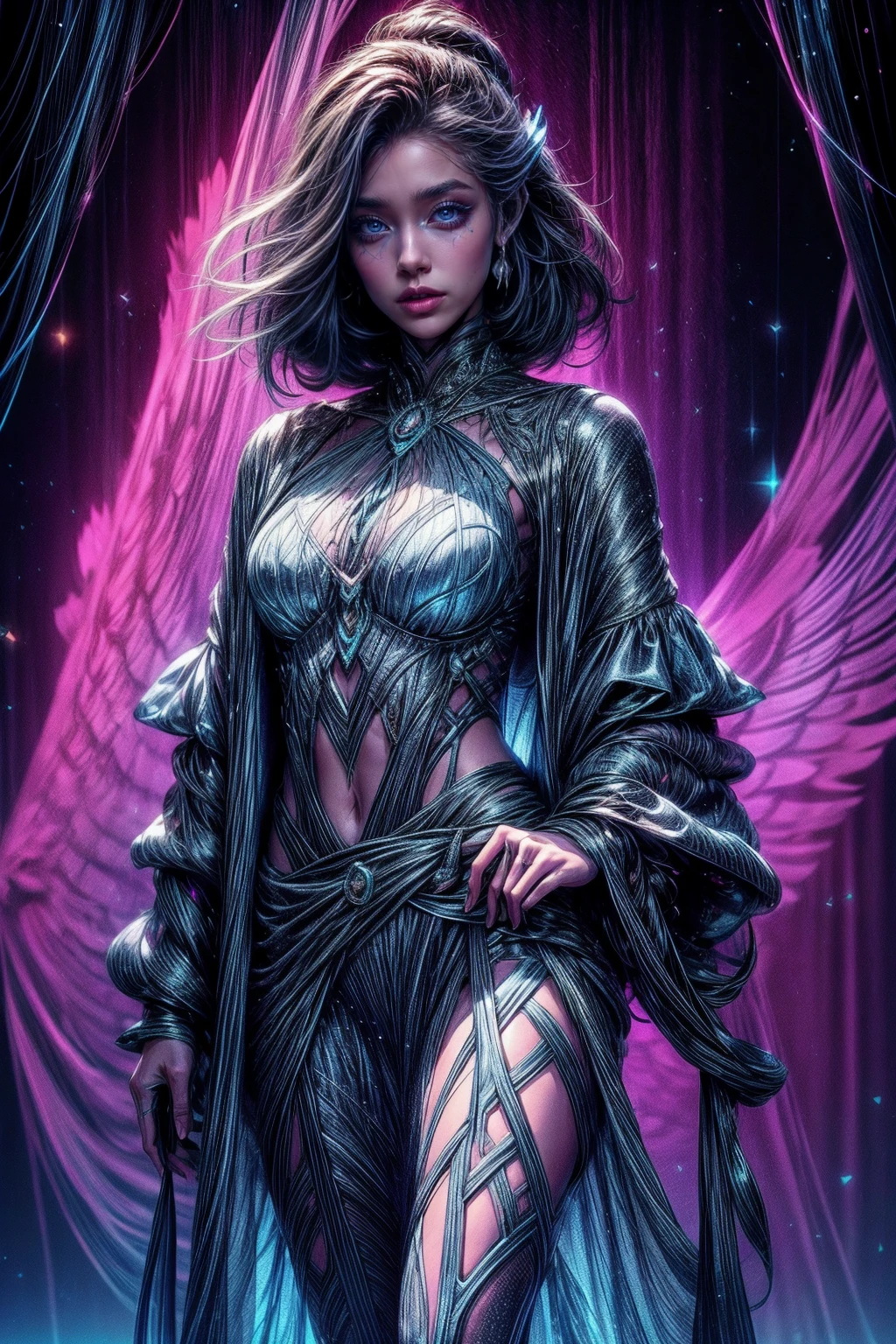 (best quality,4k,8k,highres,masterpiece:1.2),ultra-detailed,(realistic,photorealistic,photo-realistic:1.37),A girl with ethereal presence and magical powers,golden-hued ethereal figure,flowing hair,translucent wings,glowing eyes and skin,mystical aura,glimmering stars surrounding her,enchanted forest background,soft sunlight filtering through trees,fairy-like appearance,mind-bending visual effects,arriving from another dimension,suspended in mid-air,elegant and graceful pose,floating above the ground,colorful and vibrant,illuminated in shades of blue and purple,a sense of peacefulness and tranquility,sparkling particles dancing around her,soft and dreamy atmosphere,creating a sense of wonder and awe,embodying the beauty of magic and otherworldliness,no words can describe her true essence,mesmerizing and captivating to behold.