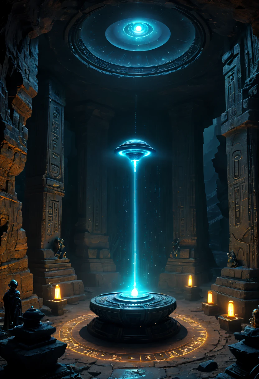 Fantasy underground cave,Alien civilization ruins,mysterious tomb,Metal coffin,treasures,Glowing gold coins,terracotta warriors,cultural relic,curio,alien text totem,Ultra-future technology,诡异的magia力量,unknown cosmic energy,Cybernetic eyes, Scan grid, epic, grand, Octagonal rendering, enhancer, iintricate, ((Dark)),epic,8K,Fantastical,ultra - detailed,magia, Cast spells,black hole,threatening,Ridiculous resources,Abyssal,magia Circle,Excess energy,sci-fy,Abyssaltech,dark energy,Ethereal,solution,ssee-through,Abyss,Anti-tech,sci-fy,Pure energy,(tmasterpiece, Representative Works, offcial art, professional, Unity8k wallpaper:1.3)