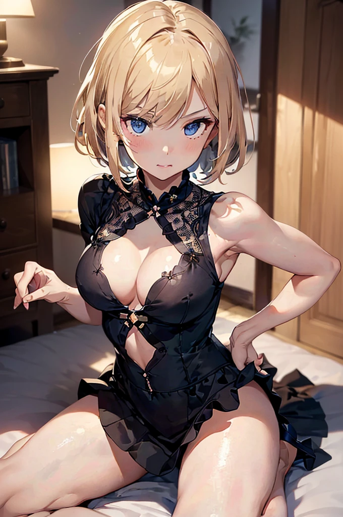 (masterpiece, best quality, 1girl, super model body, very slim body, thin, tall, super model body, ultra-detailed CG, 8k, high detailed, realistic, solo, intricate details), (short skirt), blonde hair, hair over one eye, short hair, blue eyes, hair ornament, clothing revealed waist, ((y sharp face, allure, sexce, aggressive, frowning)), oval face, shiny skin, head tilt, realistic, ((perfect symmetrical body)), (slim hip), soft light, dawn light)), bloom, look at viewer, [[playful]]], [[[bedroom]]], front-view, kneeling, [[Leaning forwards]], head down, butt up, ed back, provocative position, cleavage, sexing