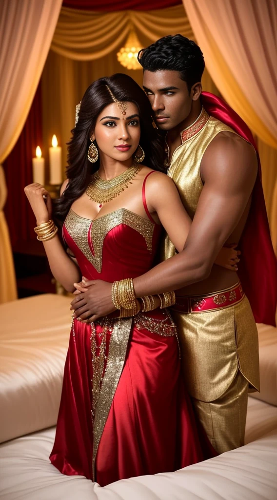 1 muscular very hary, handsome and attractive African man not wearing any shirt with sexy Indian married woman bit chubby wearing a Indian red ridal dress lengha cholli with gold jewellery and red bangles. The woman is on the left side of the man. They are the center of a decorated room with bed in background with satin bedsheet. Both are hugging pose and there body is toward s the camera which is front. They are present on a satin bedsheet in a decorated room with rose, deep cleavage. The woman is on the left side of man