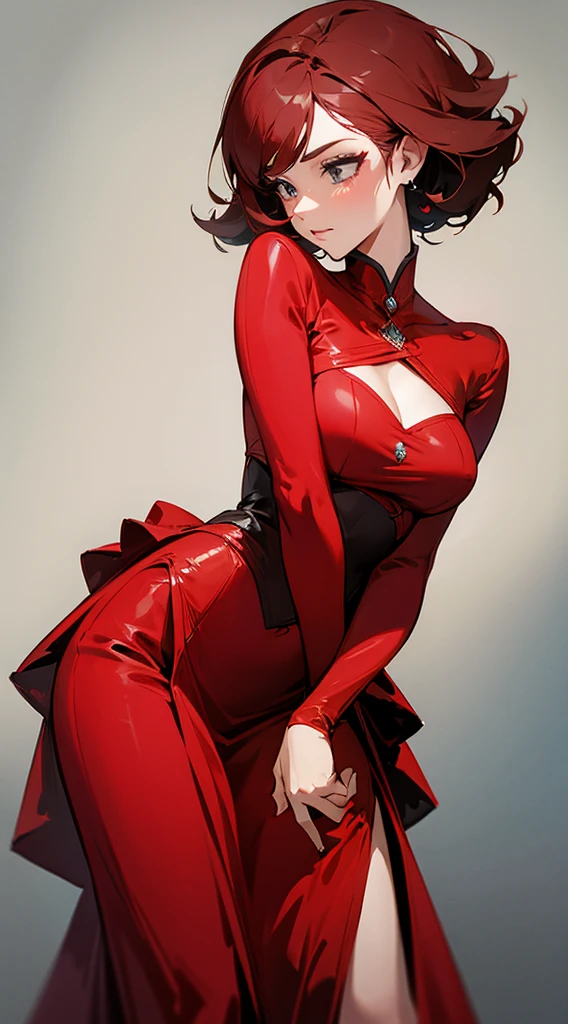 ((Highest quality)), ((masterpiece)), (Familiar), Hazy, Female,Mature Woman,Purple Hair, short hair, Low Ponytail, eye shadow, lipstick, Red eyes,Red suit shirt,Large Breasts,Erect nipples,I can see her cleavage,Red and black jacket, White tight skirt,Red Heels