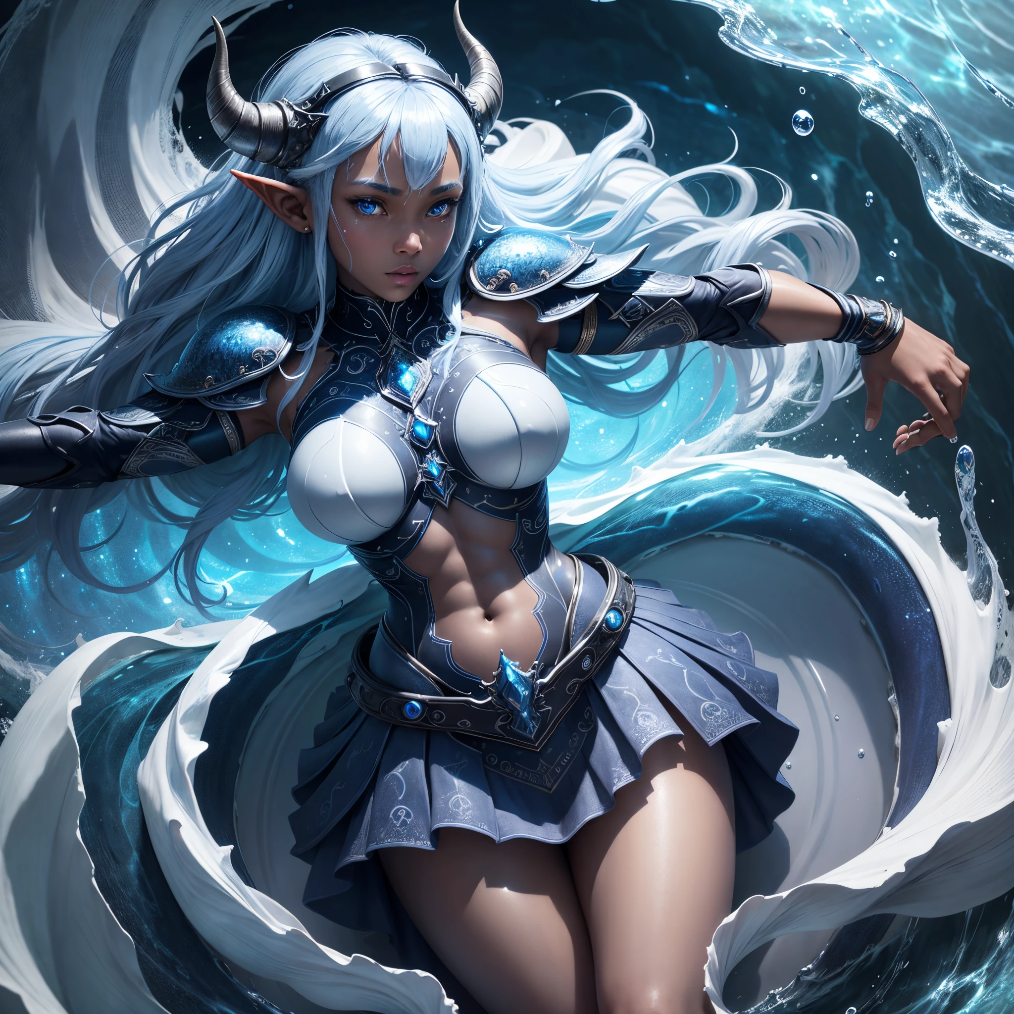 8k, masterpiece, ultra high quality, ultra detailed (real image, intricate detail, depth of field), mysterious atmosphere, African Water Goddess, ebony skin, blue hair, braided hair, horns, elf ears, gills, blue crystal clear eyes, detailed eyes, Armour, Celestial atmosphere, moonlight,(superb),(wet skin), fishscales, silver armour, manipulating waves of water, blue scaly skin, thick body, white tattoo, wide hips, ultra detailed armour, translucent, mesmerizing look, celestial aura, In in the middle of the sea, ,cinematic waves of water, Night sky