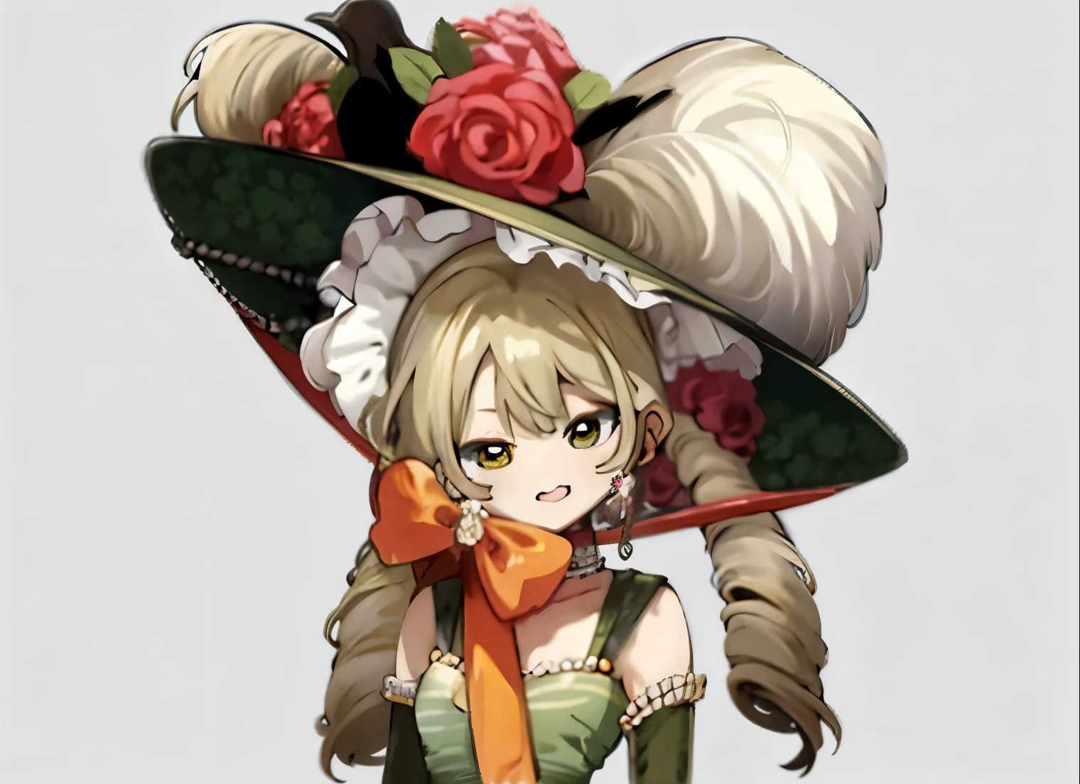 1个Giant Breast Girl, The upper part of the body, has cleavage, Spiral Curls, long jewelry earrings, Large bow, tchibi, cute big breasts, kawaii, sticker art