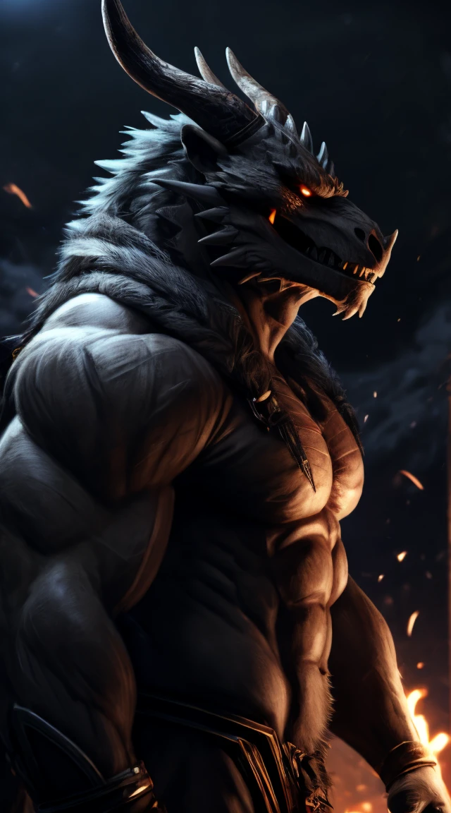 a dragon man, monster, fur on body, scales on abs, smooth abs, demon, majestic fur mantle, sharp dragon teeth, wendigo skull, dragon horns, elk horns, giant, bear body, threatening, stands menacingly, wide body, muscular body, illustration, (best quality, 4k, highres, masterpiece:1.2), ultra-detailed, realistic, horror, sharp focus, vivid colors, nighttime lighting, profile picture