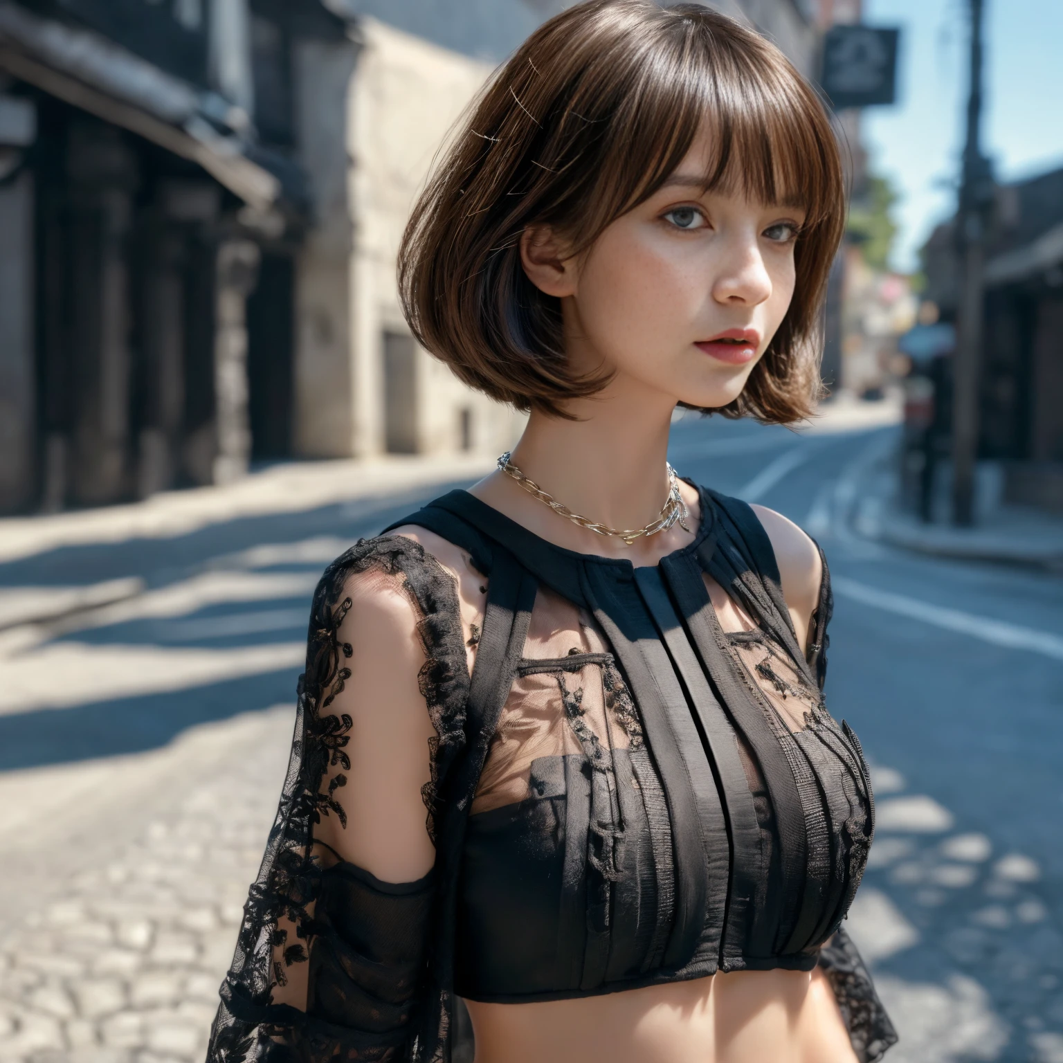 ((Medium chest, Bob Hare, small head)), Daylight, Sunlight, (well-defined abs: 1.1), (Perfect body: 1.1), (Bangs straight,Dark hair: 1.2), Russet Hair, Collar, chain, Full body photo, Shabby street, wearing a black tank top, White jacket, ((Highly detailed CG 8k wallpaper), (Extremely delicate and beautiful), (masutepiece), (Best Quality: 1.0), (Hyper-Resolution: 1.0), Beautiful lighting, Perfect Lightning, Realistic Shadows, [High resolution], detailed skins,55 years old