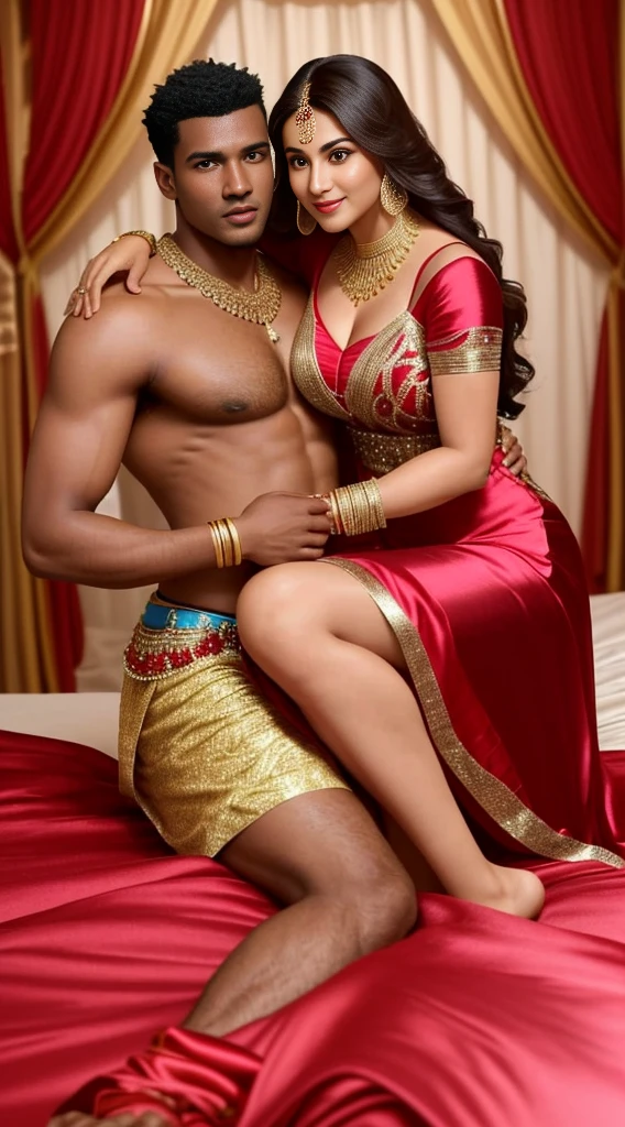 1 muscular very hary, handsome and attractive African man not wearing any shirt with sexy Indian married woman bit chubby wearing a Indian red ridal dress lengha cholli with gold jewellery and red bangles. The woman is on the left side of the man. They are the center of a decorated room with bed in background with pink satin bedsheet. Both are hugging pose and there body is toward s the camera which is front. They are present on a satin bedsheet in a decorated room with rose, deep cleavage. The woman is on the left side of man