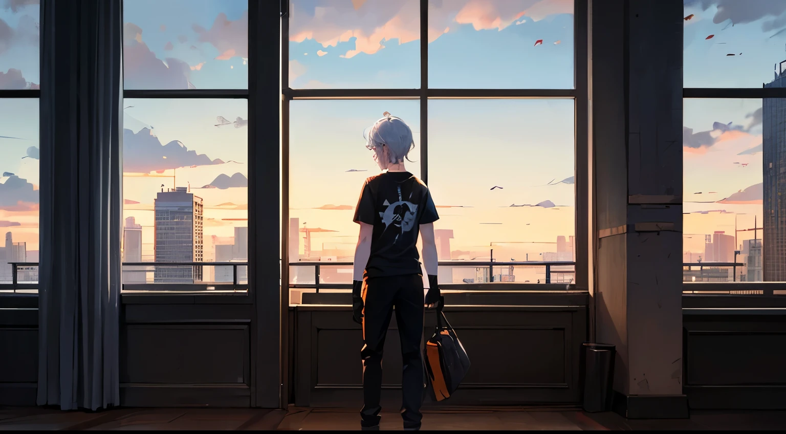 1boy, grey eyes, white hair, bags under the eyes, black T-shirt, black gloves with fingers, two katanas behind my back, meditation in the apartment, cloudy weather outside the window