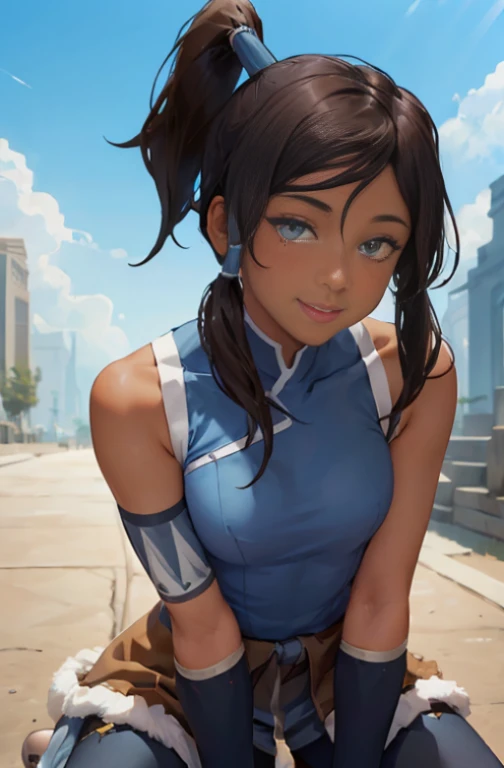 (masterpiece, best quality:1.2), solo, 1girl, korra, dark skin, dark-skinned female, smile, looking at viewer, kneeling, ponytail, hair tubes, sleeveless, bare shoulders