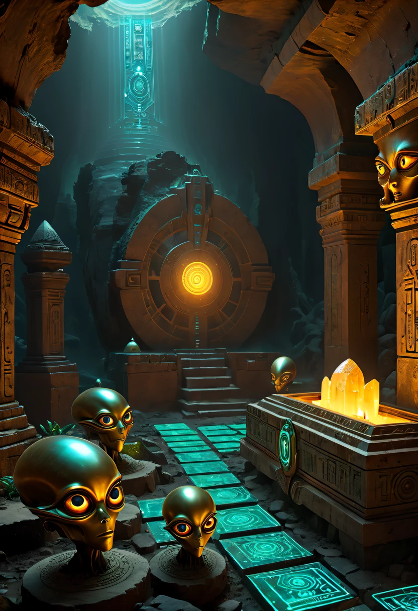 Fantasy underground cave,Alien civilization ruins,mysterious tomb,Metal coffin,treasures,Glowing gold coins,terracotta warriors,cultural relic,curio,alien text totem,Ultra-future technology,strange magic,unknown cosmic energy,Cybernetic eyes, Scan grid, epic, grand, Octagonal rendering, enhancer, iintricate, (tmasterpiece, Representative Works, offcial art, professional, Unity8k wallpaper:1.3)
