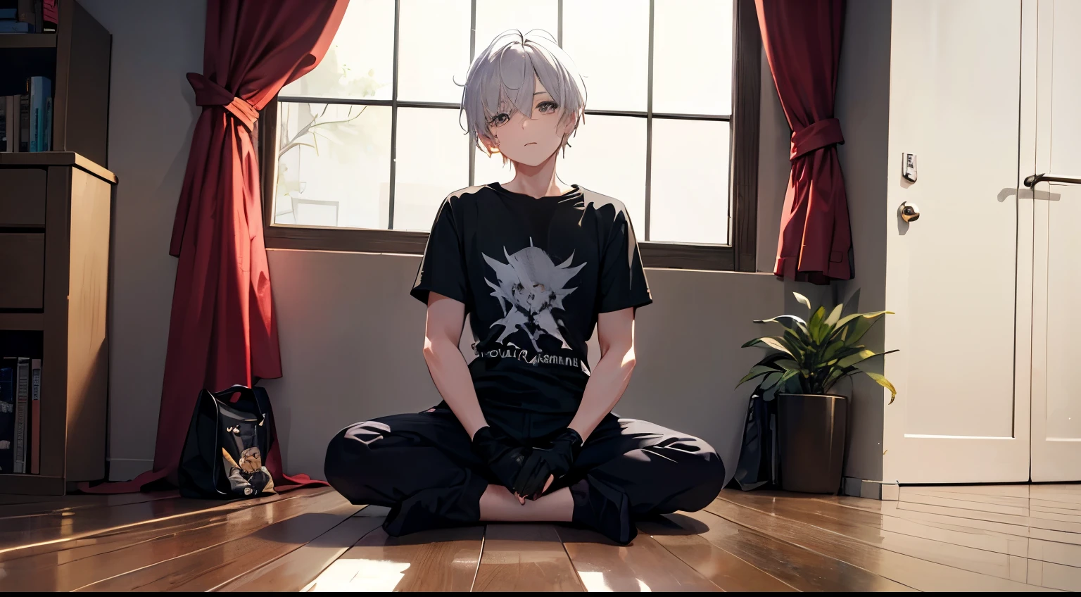 1boy, grey eyes, white hair, bags under the eyes, black T-shirt, black gloves with fingers, two katanas on the floor, meditation in the apartment, cloudy weather outside the window