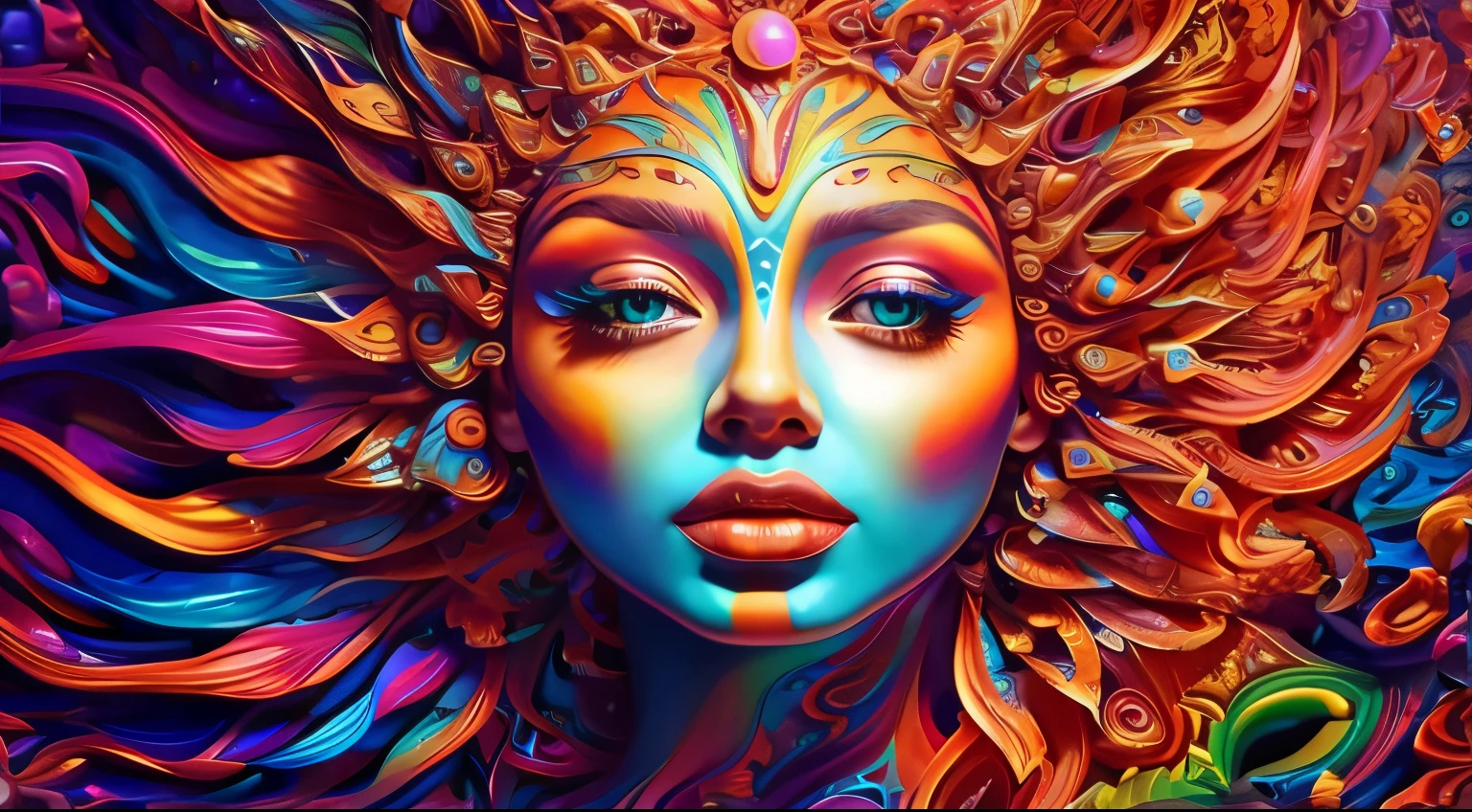 a close up of a woman with colorful hair and a bright face, colorfull digital fantasy art, psychedelic goddess, 3 d goddess portrait, gorgeous digital art, vibrant digital painting, karol bak uhd, psychedelic surreal art, goddess close-up portrait, stunning digital art, goddess. extremely high detail, 4k highly detailed digital art, beautiful art uhd 4 k
