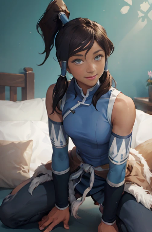 (masterpiece, best quality:1.2), solo, 1girl, korra, dark skin, dark-skinned female, smile, looking at viewer, kneeling, ponytail, hair tubes, sleeveless, bare shoulders