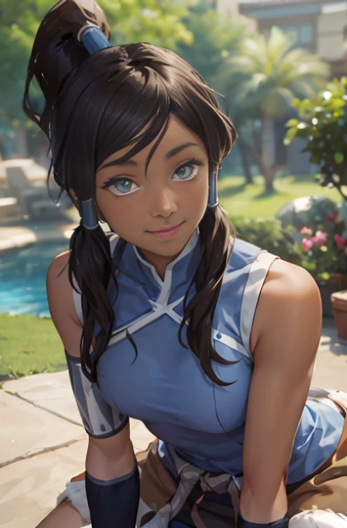 (masterpiece, best quality:1.2), solo, 1girl, korra, dark skin, dark-skinned female, smile, looking at viewer, kneeling, ponytail, hair tubes, sleeveless, bare shoulders