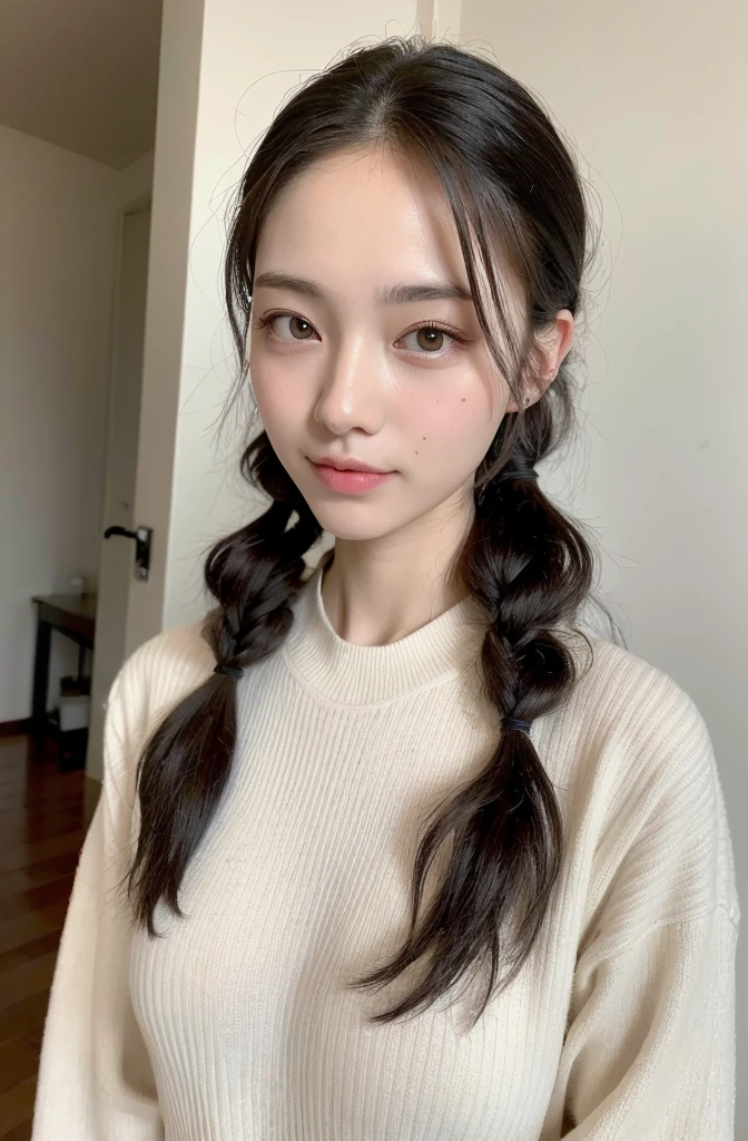 ((Best quality, 8k, Masterpiece :1.3)), 1girl, Pretty woman with emphasizing slender abs :1.3, (random hairstyles, Huge breasts :1.2), Casual outfit :1.2, Indoor, Ultra-detailed face, Detailed eyes, Double eyelid
