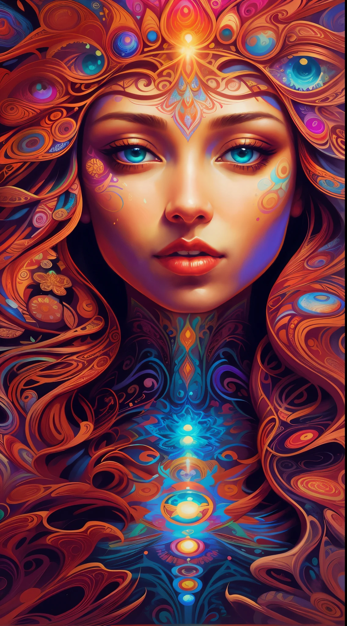 a painting of a woman with a face made of flowers, intricate digital painting, karol bak uhd, digital painting | intricate, dan mumford and alex grey style, anna dittman, psychedelic goddess, airbrush digital art, hyper detailed visionary art, hyper - detailed visionary art, vibrant digital painting, 4k highly detailed digital art, ((psychedelic)) (Best Quality) (Trippy) Psychedelic pretty face, pretty eyes, (Alex Grey) psychedelic dream, DMT vision, DMT trip, LSD, psychedelic patterns, (Vibrant) prismatic colors, vivid colors, flowing, mixing, HDR,4K, dream like, Anticrepuscular Rays, Goddesractals)