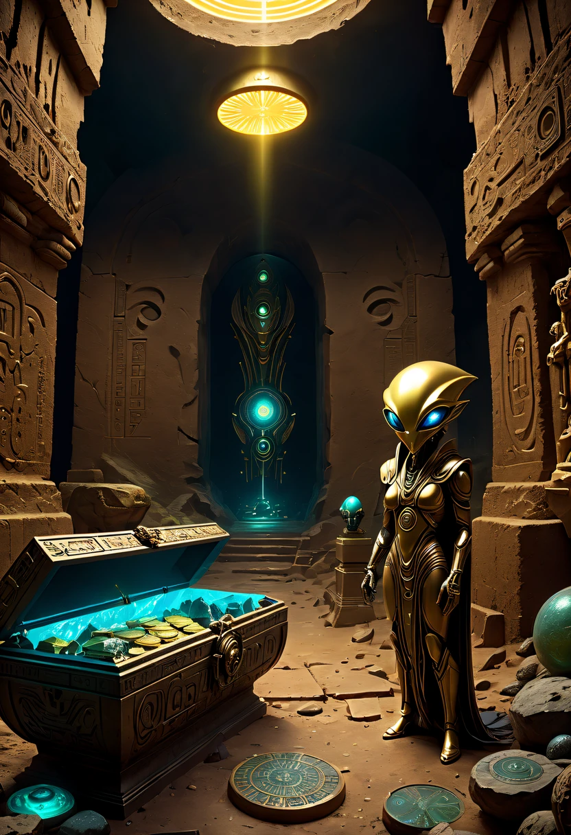 Fantasy underground cave,Alien civilization ruins,mysterious tomb,Metal coffin,treasures,Glowing gold coins,terracotta warriors,cultural relic,curio,alien text totem，Ultra-future technology，strange magic，unknown cosmic energy，Cybernetic eyes, Scan grid, epic, grand, Octagonal rendering, enhancer, iintricate, (tmasterpiece, Representative Works, offcial art, professional, Unity8k wallpaper:1.3)