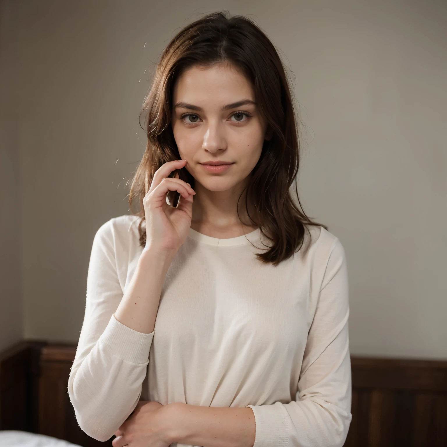 photography of a 20yo woman, perfect face, fully dressed, use the same face, masterpiece, same face, London Penthouse Location, looking into the camera, smiling, Vogue style photoshoot, Create a highly detailed and realistic image of a female model’s hands. The hands should be proportional to her body, with natural skin tone, clear nail beds, and visible but subtle knuckle lines. The fingers should be slender and well-defined, positioned naturally, as if resting gently on a surface. Create a highly realistic image of a female model wearing a plain black shirt. The shirt should have a classic, unembellished design, focusing on a clean and sleek look. It should be made from a high-quality material with a smooth texture, such as fine silk or soft cotton, giving it a subtle sheen. The fit of the shirt should be comfortable yet flattering, neither too tight nor too loose. Opt for long sleeves and a simple neckline, either a round or a subtle V-neck, which complements the shirt’s minimalist aesthetic. Ensure the black color of the shirt is rich and consistent, without any logos, patterns, or additional design elements. The shirt should fall naturally on her body, highlighting the simplicity and elegance of the design. The model should have a relaxed, confident posture, with her hands gently resting at her sides or in a natural pose. The background should be neutral and undistracting, emphasizing the shirt and the model. The lighting should be soft and even, creating gentle shadows that accentuate the texture and silhouette of the shirt.