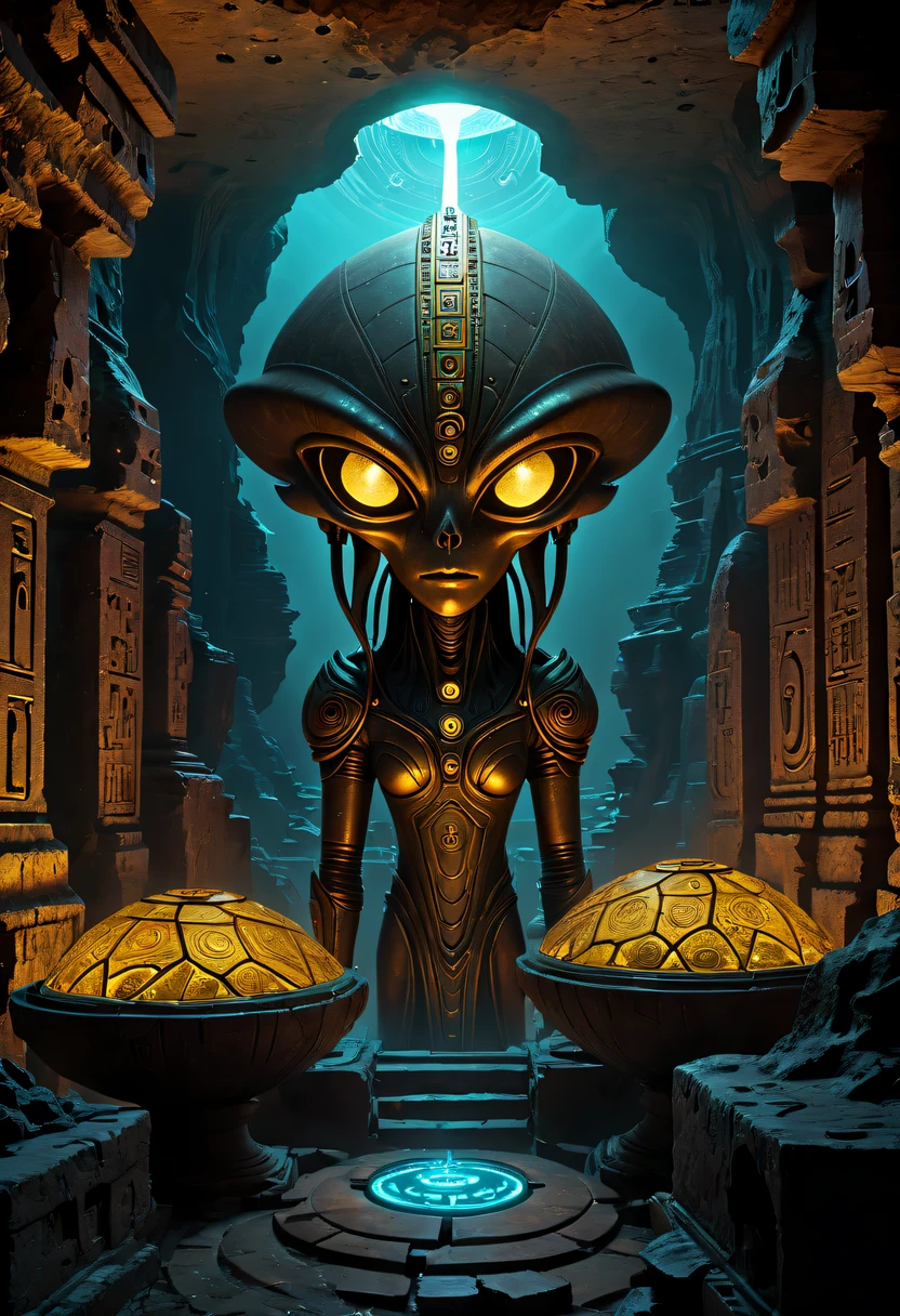 Fantasy underground cave,Alien civilization ruins,mysterious tomb,Metal coffin,treasures,Glowing gold coins,terracotta warriors,cultural relic,curio,alien text totem，Ultra-future technology，strange magic，unknown cosmic energy，Cybernetic eyes, Scan grid, epic, grand, Octagonal rendering, enhancer, iintricate, (tmasterpiece, Representative Works, offcial art, professional, Unity8k wallpaper:1.3)