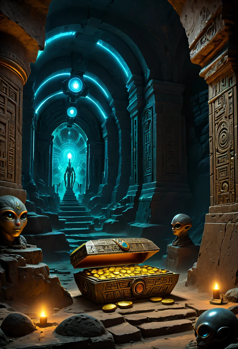 Fantasy underground cave,Alien civilization ruins,mysterious tomb,Metal coffin,treasures,Glowing gold coins,terracotta warriors,cultural relic,curio,alien text totem，Ultra-future technology，strange magic，unknown cosmic energy，Cybernetic eyes, Scan grid, epic, grand, Octagonal rendering, enhancer, iintricate, (tmasterpiece, Representative Works, offcial art, professional, Unity8k wallpaper:1.3)