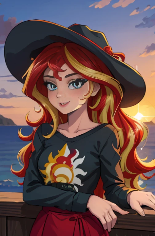 (Obra maestra, La mejor calidad:1.2), solamente, 1girl, mlpshimmer , 18yr old , ojos color turquesa, labios separados, Mirando al espectador , linda sonrisa , manos en la cintura , fondo variado, mlp , Sunset Shimmer , viste ropa de vaquero , usa sombrero negro , camisa negra , falda color cafe , botas largas vaqueras , lindo maquillaje