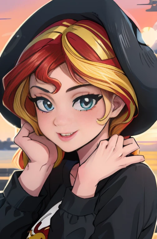 (Obra maestra, La mejor calidad:1.2), solamente, 1girl, mlpshimmer , 18yr old , ojos color turquesa, labios separados, Mirando al espectador , linda sonrisa , manos en la cintura , fondo variado, mlp , Sunset Shimmer , viste ropa de vaquero , usa sombrero ????? , camisa negra , falda color cafe , botas largas vaqueras , lindo maquillaje