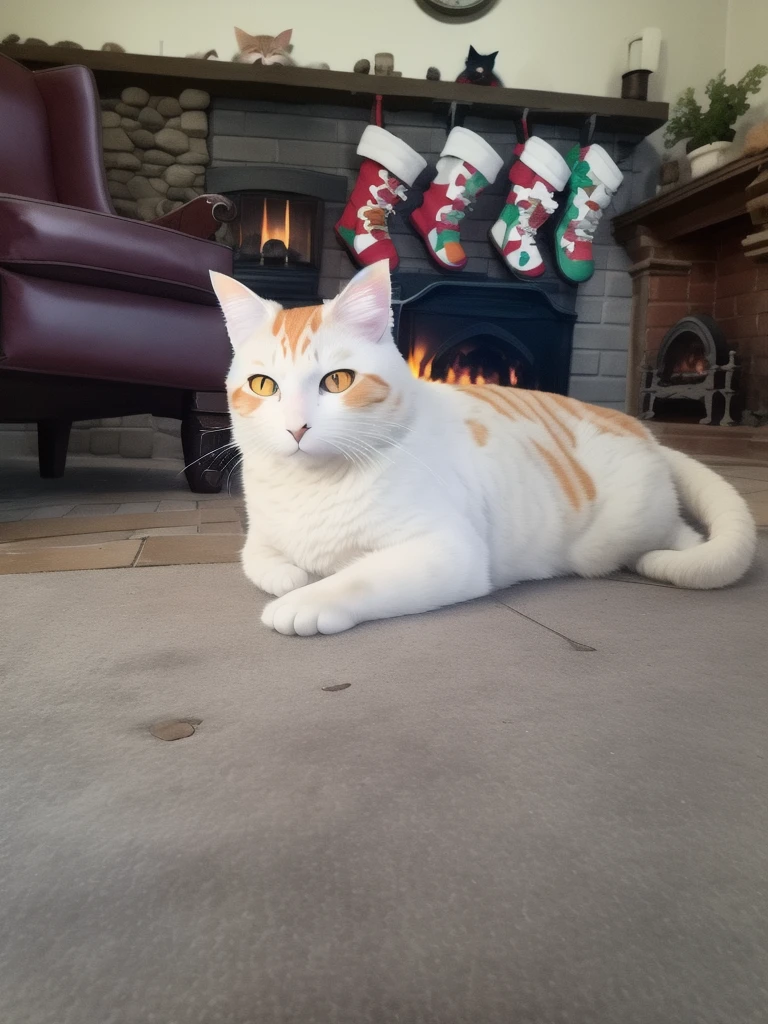there is a white and orange cat laying on the floor in front of a fireplace