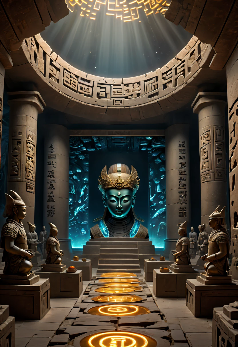 A wonderful underground cave, Alien civilization ruins, a mysterious tomb, Metal coffin, a treasure, Sparkling gold coins, terracotta warriors, antiquities, cultural relic, alien hieroglyphics, future-tech, Weird magical power, unknown cosmic energy, eye of control, Scan grid, epic, grand, octaneratingrendering, Enhanced, iintricate, (tmasterpiece, flagship artwork, offcial art, professional, Unity8k wallpapers:1.3), ultra - detailed, (actual, photoactual, photo-actual:1.37), HighDynamicRange, hyper HD, Studio lighting, Ultra-fine painting, Focus sharp, physically-based renderingt, professional, vivd colour, bokeh.