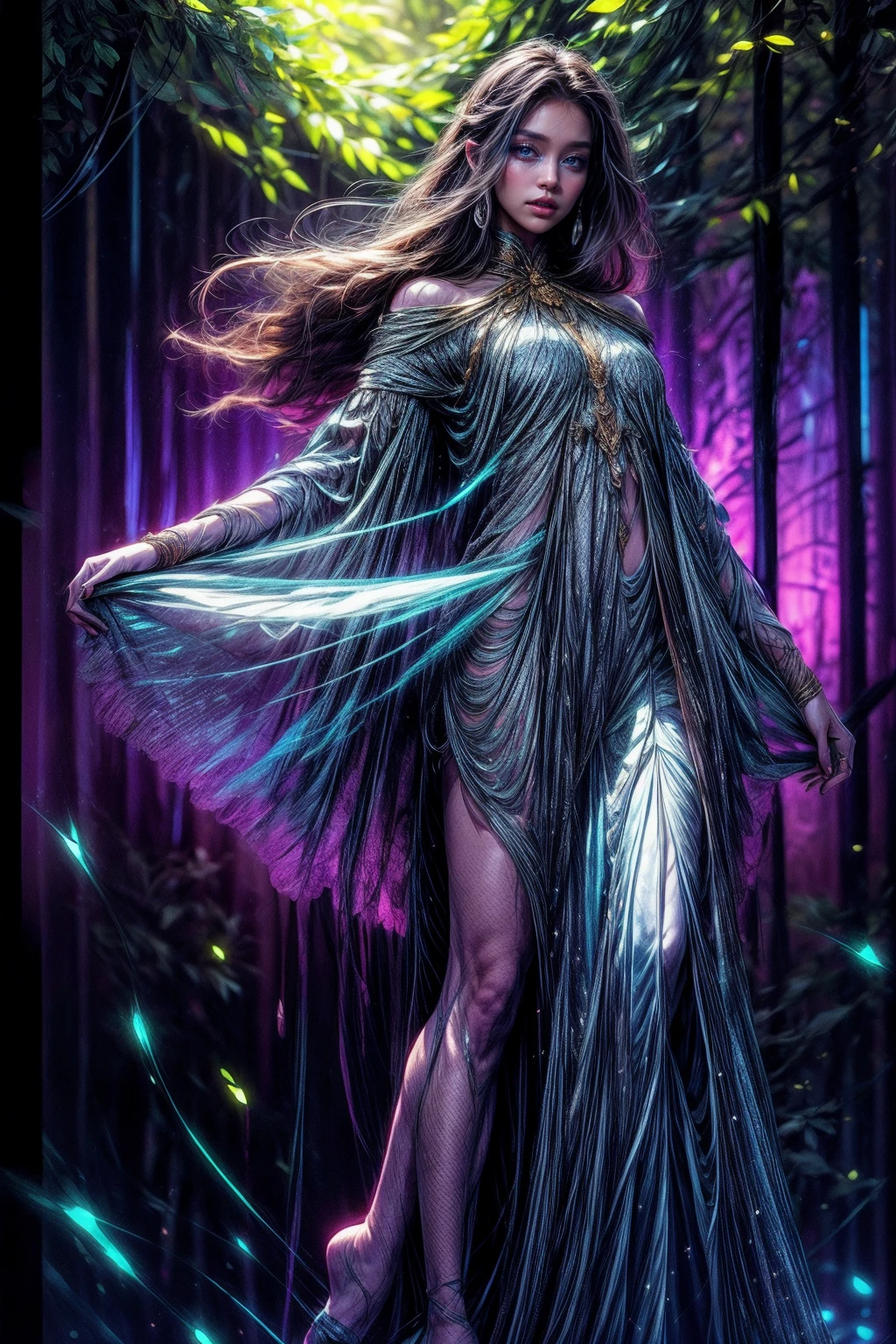(best quality,4k,8k,highres,masterpiece:1.2),ultra-detailed,(realistic,photorealistic,photo-realistic:1.37),A girl with ethereal presence and magical powers,golden-hued ethereal figure,flowing hair,translucent wings,glowing eyes and skin,mystical aura,glimmering stars surrounding her,enchanted forest background,soft sunlight filtering through trees,fairy-like appearance,mind-bending visual effects,arriving from another dimension,suspended in mid-air,elegant and graceful pose,floating above the ground,colorful and vibrant,illuminated in shades of blue and purple,a sense of peacefulness and tranquility,sparkling particles dancing around her,soft and dreamy atmosphere,creating a sense of wonder and awe,embodying the beauty of magic and otherworldliness,no words can describe her true essence,mesmerizing and captivating to behold.