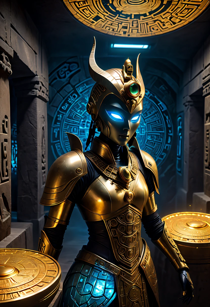 A wonderful underground cave, Alien civilization ruins, a mysterious tomb, Metal coffin, a treasure, Sparkling gold coins, terracotta warriors, antiquities, cultural relic, alien hieroglyphics, future-tech, Weird magical power, unknown cosmic energy, eye of control, Scan grid, epic, grand, octaneratingrendering, Enhanced, iintricate, (tmasterpiece, flagship artwork, offcial art, professional, Unity8k wallpapers:1.3), ultra - detailed, (actual, photoactual, photo-actual:1.37), HighDynamicRange, hyper HD, Studio lighting, Ultra-fine painting, Focus sharp, physically-based renderingt, professional, vivd colour, bokeh.