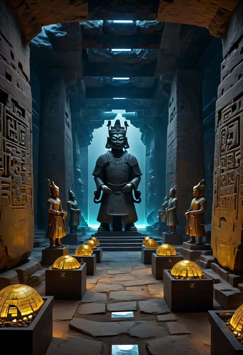 A wonderful underground cave, Alien civilization ruins, a mysterious tomb, Metal coffin, a treasure, Sparkling gold coins, terracotta warriors, antiquities, cultural relic, alien hieroglyphics, future-tech, Weird magical power, unknown cosmic energy, eye of control, Scan grid, epic, grand, octaneratingrendering, Enhanced, iintricate, (tmasterpiece, flagship artwork, offcial art, professional, Unity8k wallpapers:1.3), ultra - detailed, (actual, photoactual, photo-actual:1.37), HighDynamicRange, hyper HD, Studio lighting, Ultra-fine painting, Focus sharp, physically-based renderingt, professional, vivd colour, bokeh.