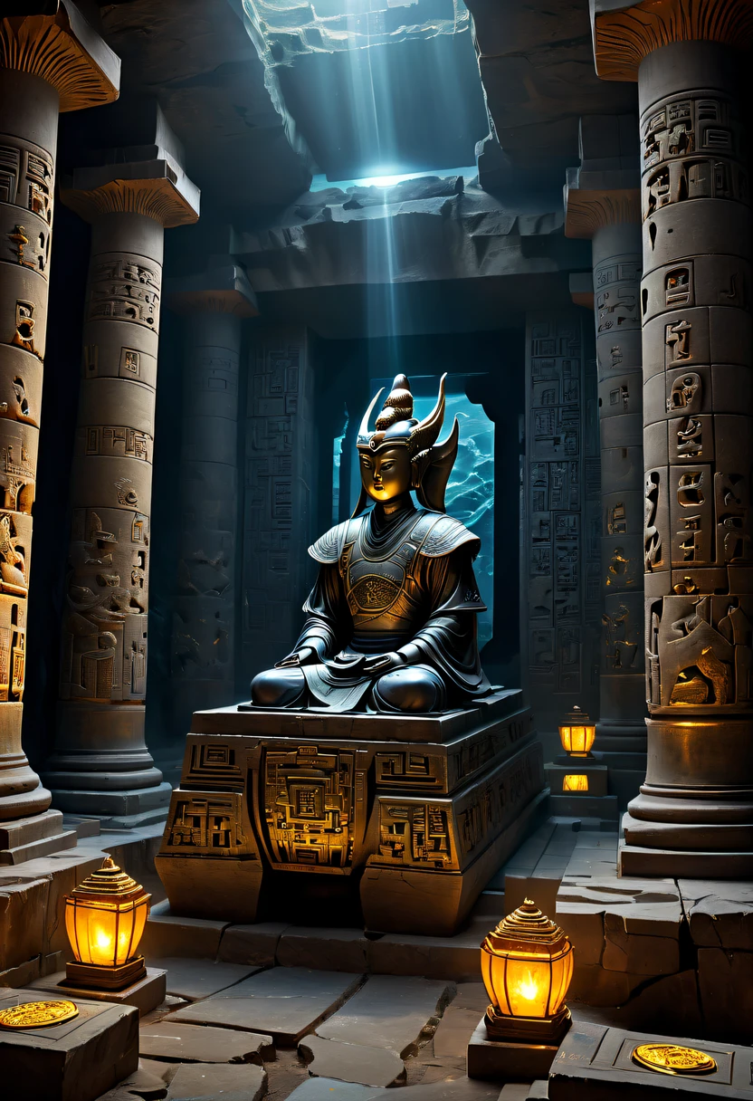 A wonderful underground cave, Alien civilization ruins, a mysterious tomb, Metal coffin, a treasure, Sparkling gold coins, terracotta warriors, antiquities, cultural relic, alien hieroglyphics, future-tech, Weird magical power, unknown cosmic energy, eye of control, Scan grid, epic, grand, octaneratingrendering, Enhanced, iintricate, (tmasterpiece, flagship artwork, offcial art, professional, Unity8k wallpapers:1.3), ultra - detailed, (actual, photoactual, photo-actual:1.37), HighDynamicRange, hyper HD, Studio lighting, Ultra-fine painting, Focus sharp, physically-based renderingt, professional, vivd colour, bokeh.