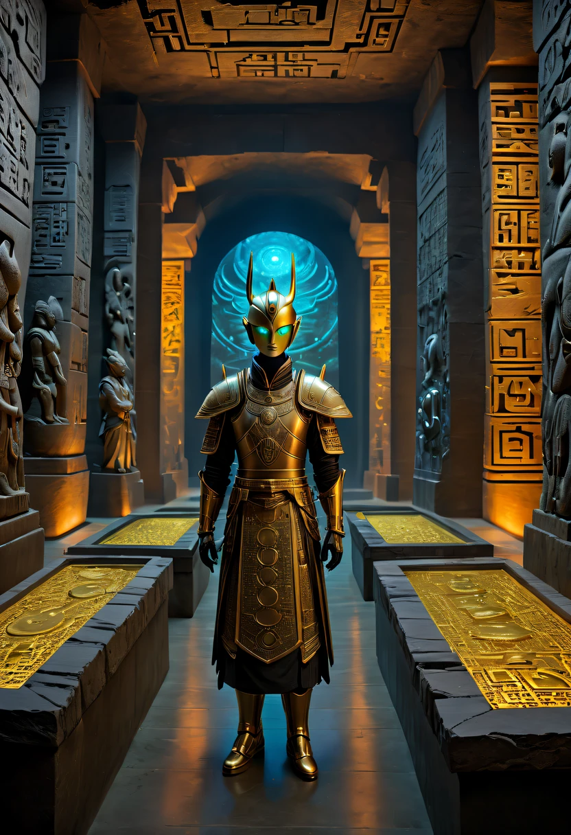 A wonderful underground cave, Alien civilization ruins, a mysterious tomb, Metal coffin, a treasure, Sparkling gold coins, terracotta warriors, antiquities, cultural relic, alien hieroglyphics, future-tech, Weird magical power, unknown cosmic energy, eye of control, Scan grid, epic, grand, octaneratingrendering, Enhanced, iintricate, (tmasterpiece, flagship artwork, offcial art, professional, Unity8k wallpapers:1.3), ultra - detailed, (actual, photoactual, photo-actual:1.37), HighDynamicRange, hyper HD, Studio lighting, Ultra-fine painting, Focus sharp, physically-based renderingt, professional, vivd colour, bokeh.